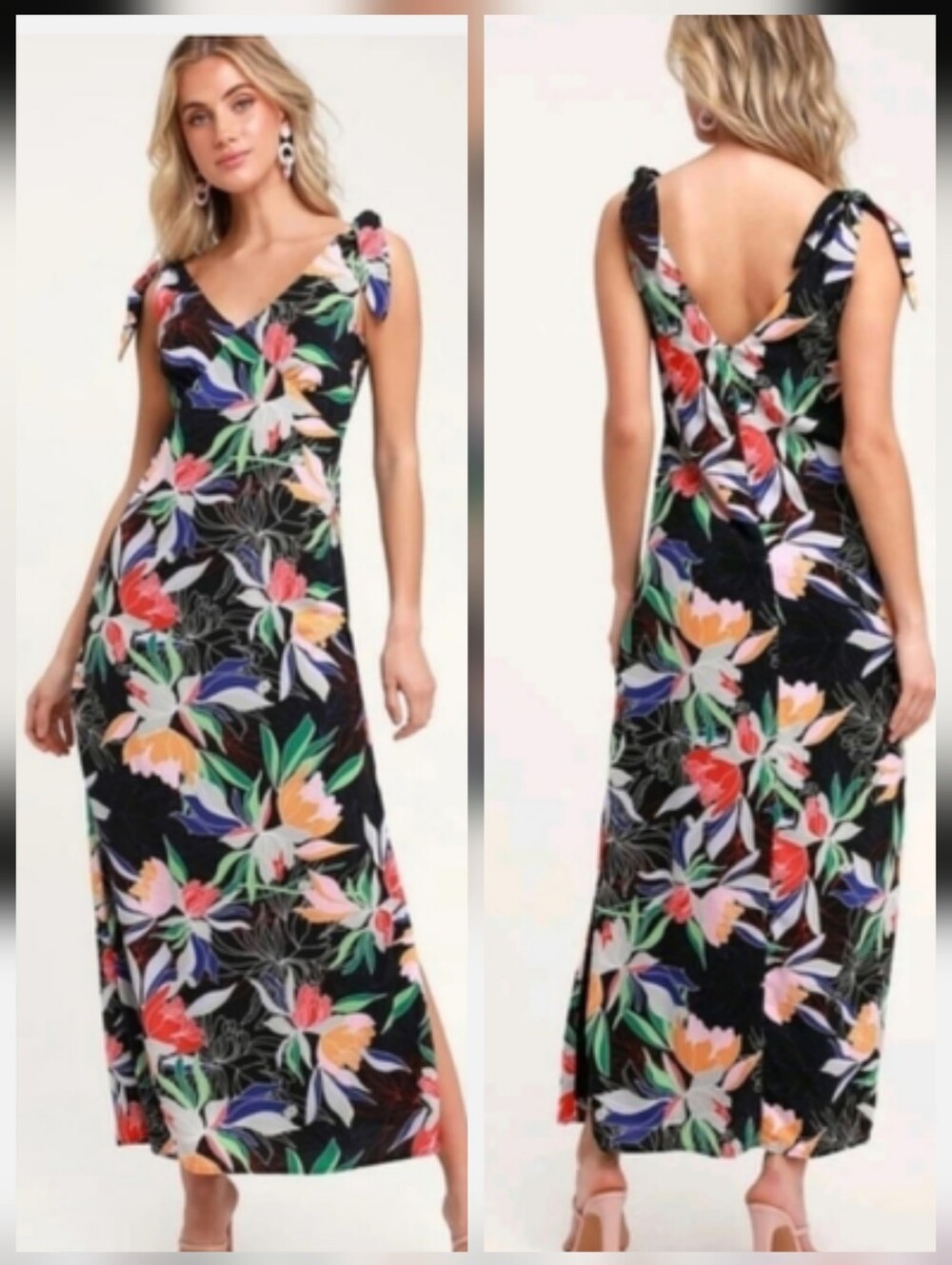 Lulus Tropical Black Floral Tie-Strap V-Neck Maxi Dress Size Small Side Slits